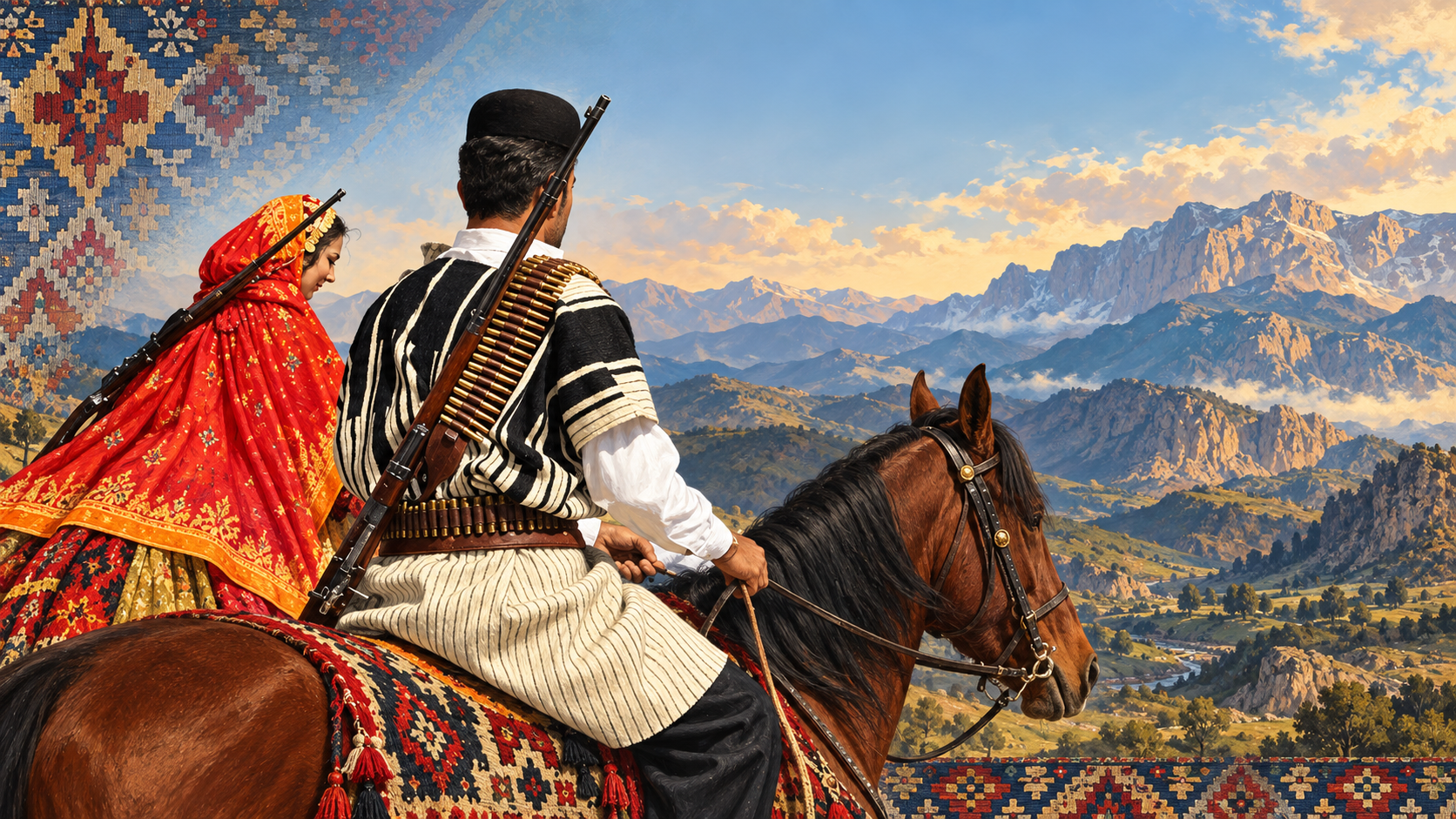 Illustrated Bakhtiari couple in the mountains